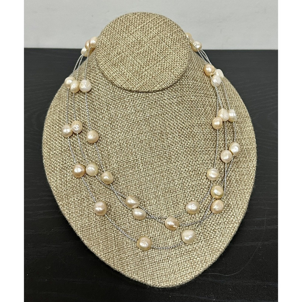 Vtg Sterling Silver Necklace 3 Layers 17.5" Natural White Baroque Pearls 38 Gr